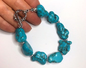 Pulsera de cuentas turquesas hecha a mano: cierre de palanca con piedras preciosas gruesas