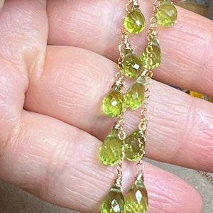 14k gold Natural Green Peridot Cascade Earrings, long chains, August birthstone jewelry, delicate dangles, Leo birthday image 5