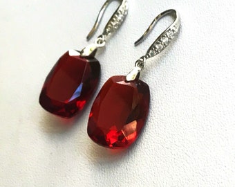 Red Garnet gemstone pave earrings sterling silver.  Burgundy stone jewelry. Dark red garnet dangle drops. Junuary birthstone.  Evening