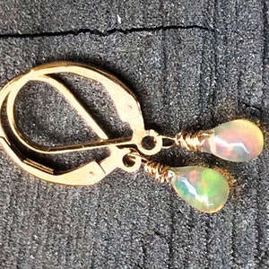Natural Ethiopian Opal Earrings, Tiny 14k Gold Fill Dangles, Petite Drops, Fire Opals,  Gemstone Jewelry, October Birthday, Minimalist, Gift
