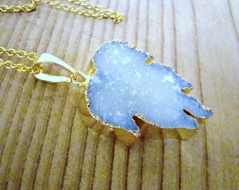 Blue Druzy pendant.  Leaf Necklace. Sky blue geode. Crystal jewelry.  Raw stone. Gold Dipped Gemstone. Gift for her.