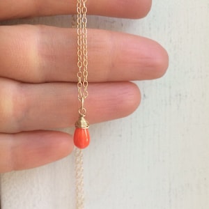 Tiny Coral Pendant Necklace: 14k Gold Fill Wire Wrapped Jewelry