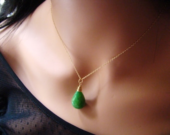 Natural Green Indian Emerald drop pendant 14k gold Necklace. Emerald teardrop solitaire. May birthstone jewelry.  Grass green gemstone.