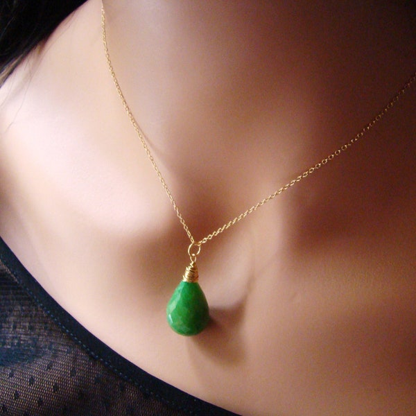 Natural Green Indian Emerald drop pendant 14k gold Necklace. Emerald teardrop solitaire. May birthstone jewelry.  Grass green gemstone.