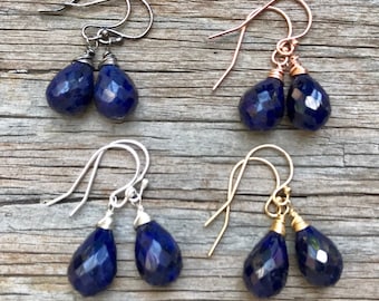 Natural Blue Sapphire stone dangle drops earrings.  September birthstone. Sterling silver, rose gold, oxidized silver Gemstone jewelry