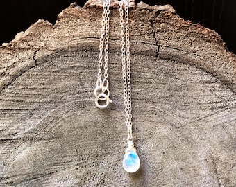 Sale Tiny Rainbow Moonstone Necklace. Moon stone pendant. Solid .925 sterling silver. June birthstone. Twin zodiac. Smooth gem