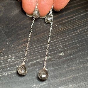 Black tourmalated Quartz earrings. Rutile dangles, long sterling silver. Natural gemstone drops. image 3