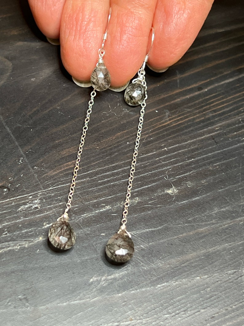 Black tourmalated Quartz earrings. Rutile dangles, long sterling silver. Natural gemstone drops. image 3