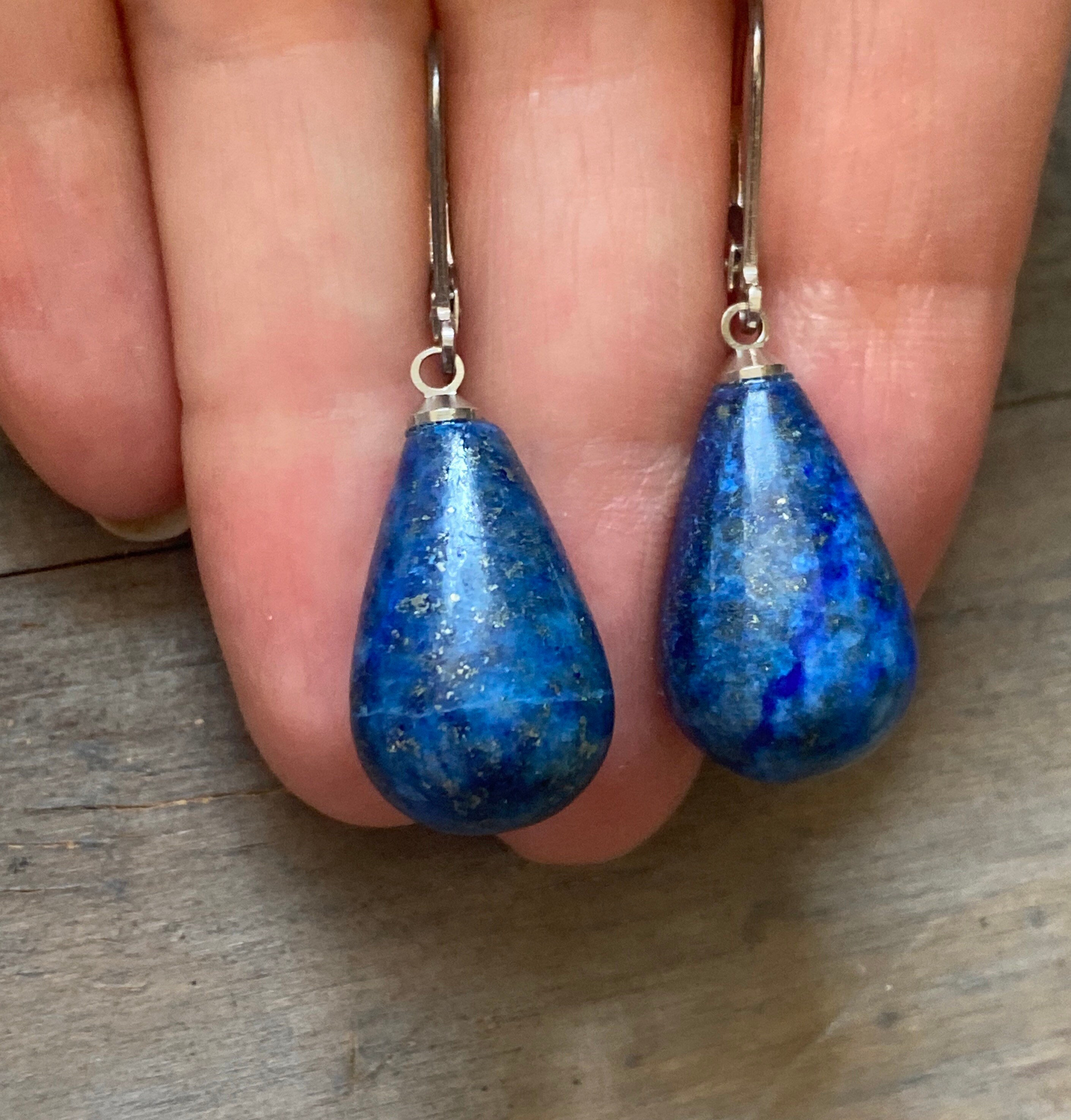 Blue Lapis Lazuli Earrings Natural Blue Stone Teardrop Dangles