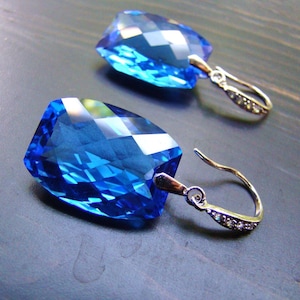 Luxury Blue Topaz Earrings, sterling silver Pave jewelry, December birthday stone, Something Blue, for evening, wedding, party, birthday.