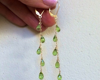 14k gold Natural Green Peridot Cascade Earrings, long chains, August birthstone jewelry, delicate dangles, Leo birthday