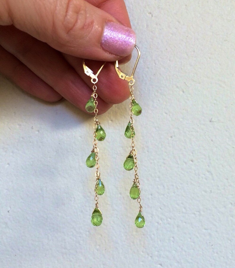 14k gold Natural Green Peridot Cascade Earrings, long chains, August birthstone jewelry, delicate dangles, Leo birthday image 1
