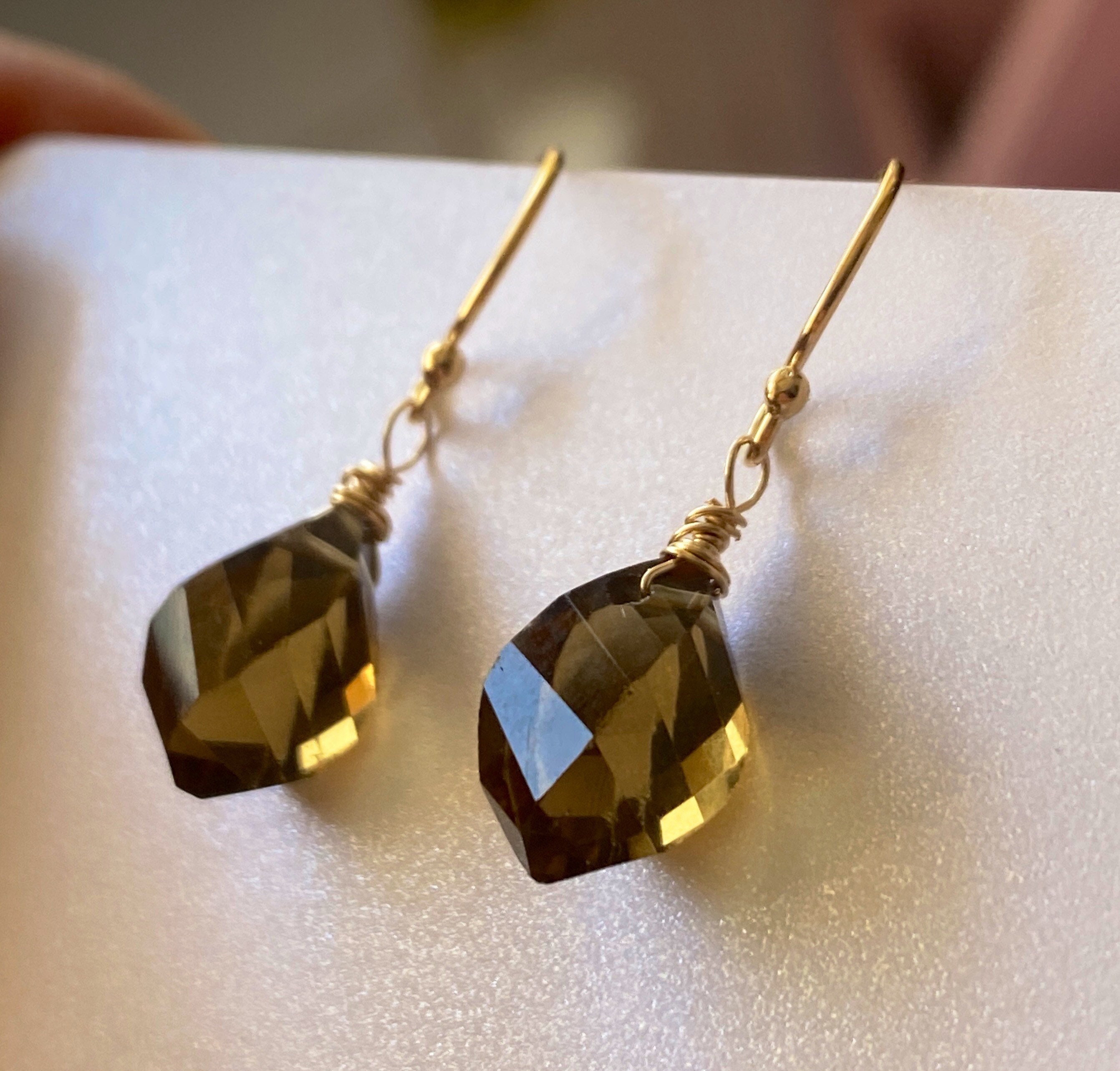 Boucles D'oreilles Anciennes Plaqué Or - Cristal Citrine Madeira - Pendantes Dormeuses - Occasion