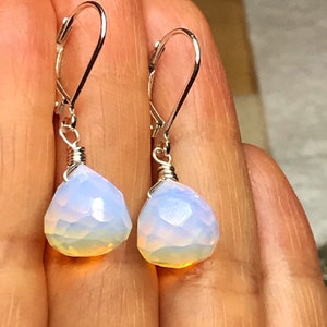 Opaline Earrings, Moonstone Opalite dangles, petite drops, sterling silver jewelry, every day style.