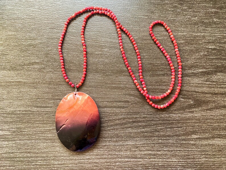 pink orange gemstone. one of a kind statement Coral 32\u201d long necklace beaded Mala Abalone shell pendant jewelry