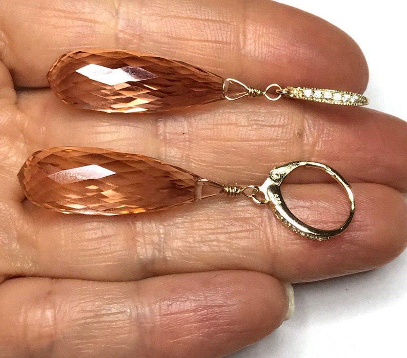 Morganite Earrings. Peach Morganite. Morganite dangles. Pink Orange. Gold Pave Leverbacks. Statement earrings. Luxury jewelry image 10