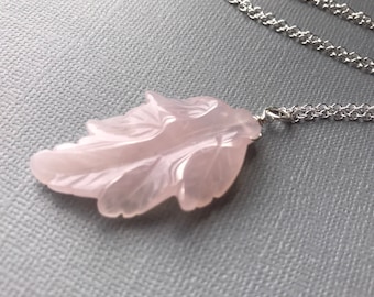 Natural big Rose Quartz gemstone pendant sterling silver long necklace.  Light pink Hand carved leaf.  Feminine jewelry