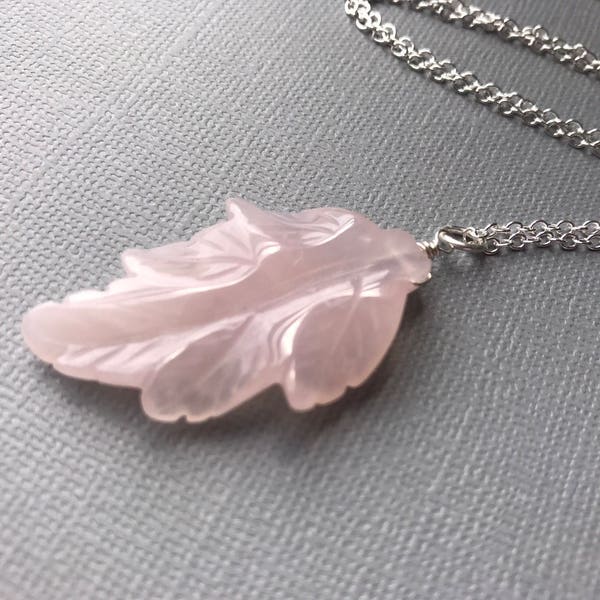 Natural big Rose Quartz gemstone pendant sterling silver long necklace.  Light pink Hand carved leaf.  Feminine jewelry