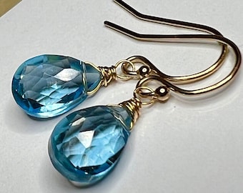 Natural sky Blue Topaz Quartz earrings, petite drops, 14k gold fill, December birthsone jewelry