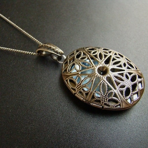 Filigree Locket pendant, black chain necklace, vintage antique style, unisex gift for her, him, Statement jewelry, treasure, Valentine Day.