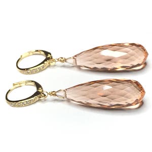 Morganite Earrings. Peach Morganite. Morganite dangles. Pink Orange. Gold Pave Leverbacks. Statement earrings. Luxury jewelry image 2