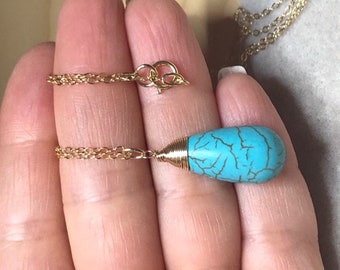 Blue Turquoise Pendant Gold chain Necklace. Big opaque blue drop.  December birthstone.  Modern jewelry