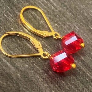 14k Gold Fill Red Ruby Glass Dangle Earrings: July Birthstone