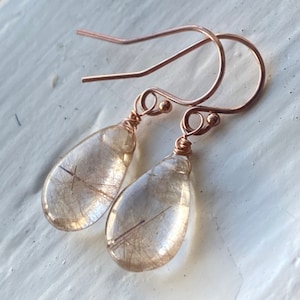 Golden Rutilated Quartz Earrings, smooth petite rutile Quartz dangles. Gold drops. Yellow. Gemstone earrings. Leverbacks. image 2