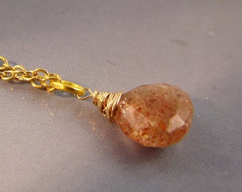 Genuine Sunstone pendant gold necklace, wire wrapped, orange faceted Sun stone jewelry, gemstone Pendant.  Golden Necklace