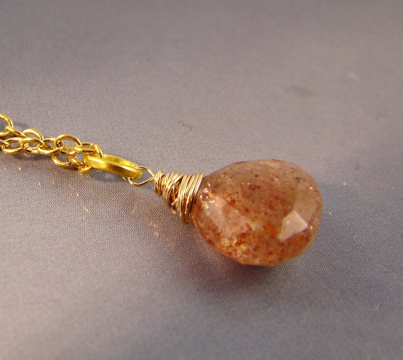 Genuine Sunstone pendant gold chain Necklace. Wire Wrapped. Etsy