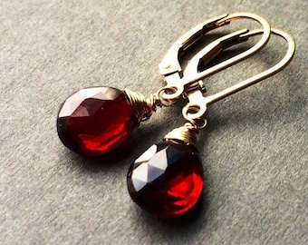 Genuine Garnet earnings, burgundy gold dangles, dark red teardrop jewelry, January birthstone