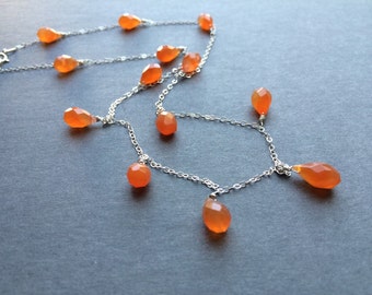 Natural Orange Carnelian Stone Sterling silver Necklace.  Long chain.  Carnelians gemstone jewelry.  April birthstone.