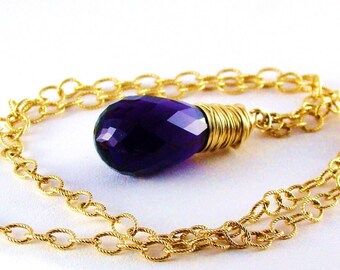 Sale 14k gold large Purple Amethyst pendant drop Necklace.  Natural gemstone.  Ultra violet jewelry.  February birthstone.