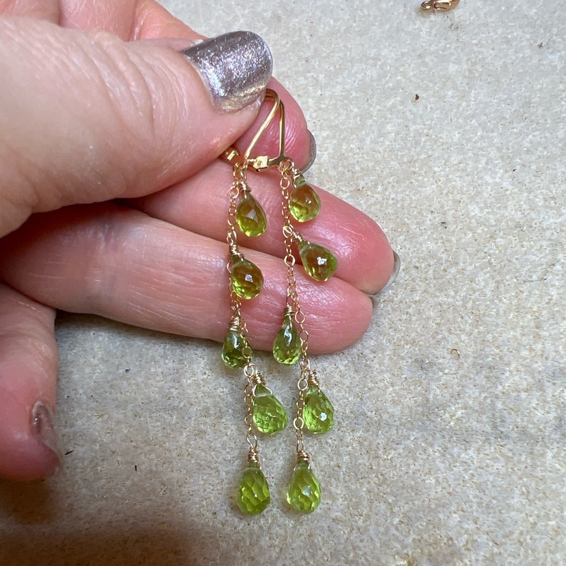 14k gold Natural Green Peridot Cascade Earrings, long chains, August birthstone jewelry, delicate dangles, Leo birthday image 6