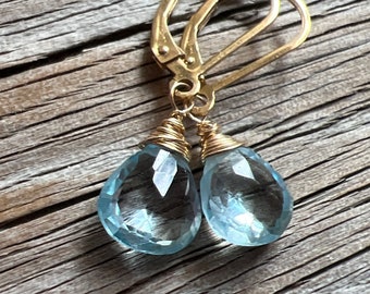 14k gold fill sky Blue Topaz earrings, natural gemstone jewelry, petite leverbacks.