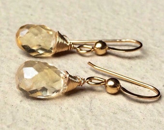 Petite Citrine gold Earrings, light yellow dangles, wire wrapped, tiny gemstone drops, November birthstone, minimalist