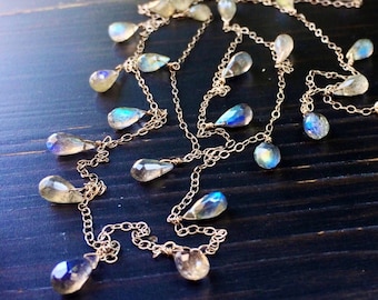Natural Rainbow Labradorite 925 Silver Necklace.  Labradorite jewelry.  Labradorite chain.  Long chain necklace. Gray gemstone.