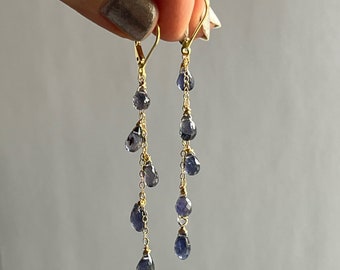 14k gold Natural blue purple Iolite Cascade Earrings, long chains, birthstone jewelry, delicate dangles