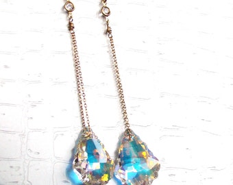 Sparkling AB Baroque Swarovski crystal 14k Gold Earrings 3" long.  Handmade chain posts.  Wedding jewelry