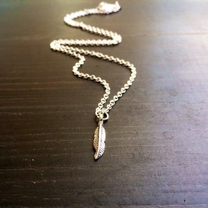Tiny Feather necklace, sterling silver chain, modern jewelry, gift for birthday, prom, everyday necklace, vintage style, dainty charm.