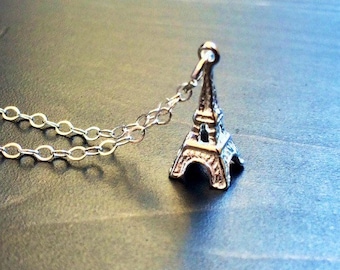 Tiny French Eiffel Tower pendant Minimalist Necklace.  European jewelry - Sterling Silver.