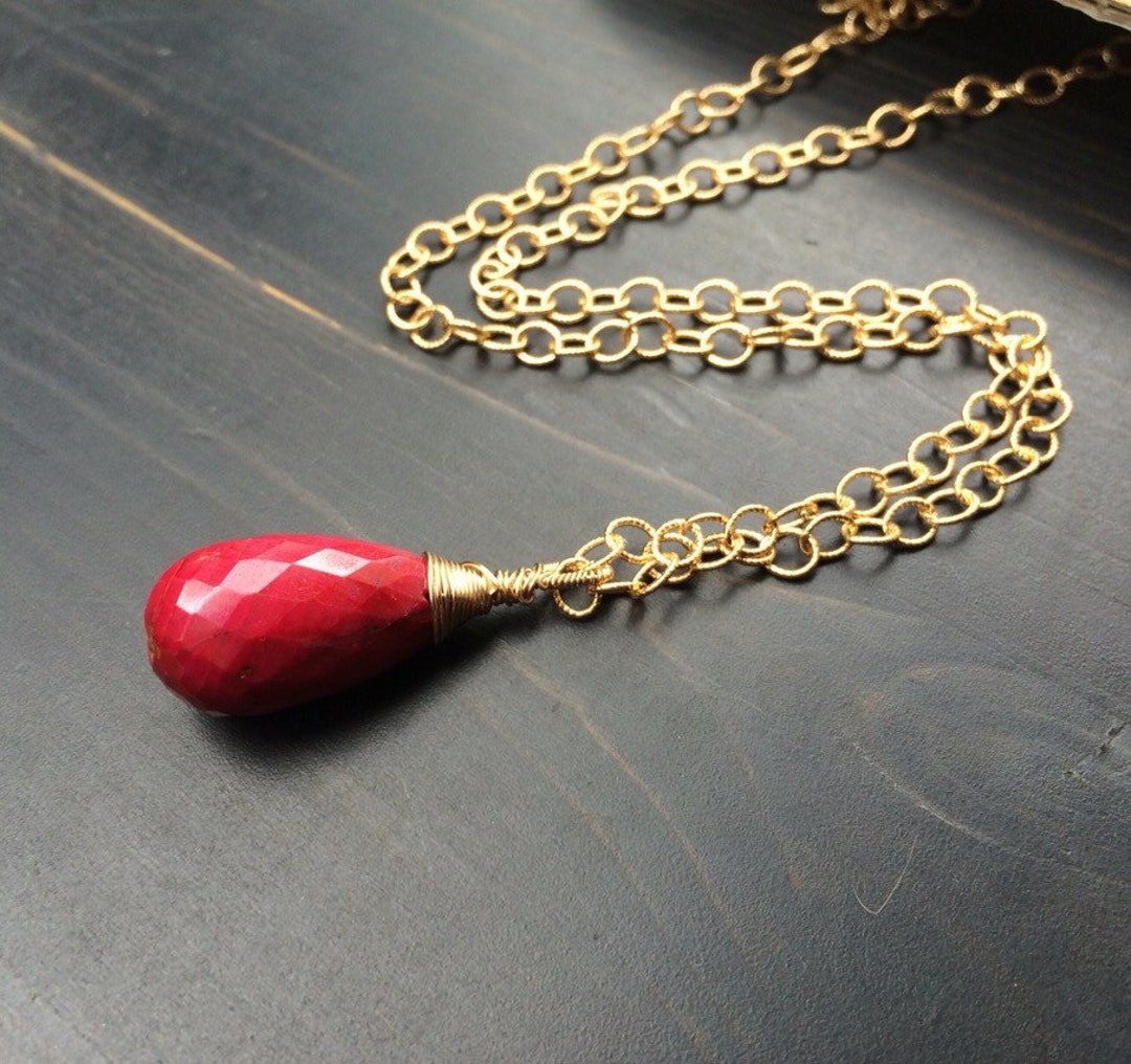 Big Natural Red Ruby Pendant Gold Necklace. Wire Wrapped. July ...
