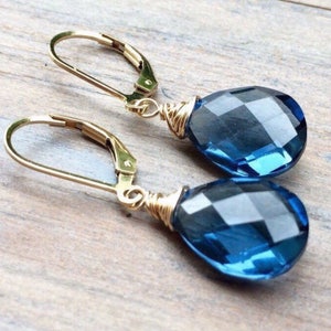 London Blue Quartz 14k Gold Earrings, Handmade Faceted Teardrops, Simple Dangles, Bridal Drops, Bridesmaids Gifts, Something Blue