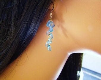 14k gold fill AQUA Blue Apatite cascade earrings, statement jewelry, wire era gemstones.