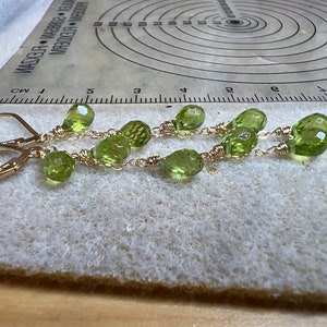 14k gold Natural Green Peridot Cascade Earrings, long chains, August birthstone jewelry, delicate dangles, Leo birthday image 9