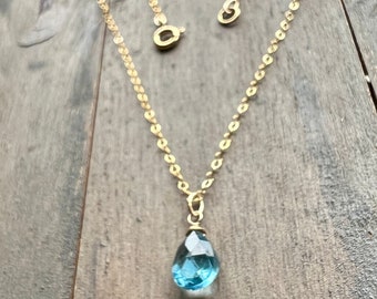 Sky Blue Topaz Quartz, tiny pendant necklace, 14k gold fill, December birthsone jewelry