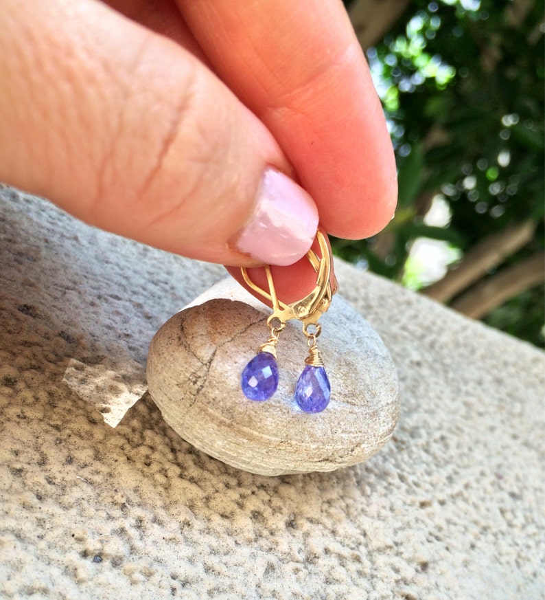 Sale Tiny Periwinkle Tanzanite stone Petite Earrings, natural Purple blue dangle drops, handmade jewelry. image 2