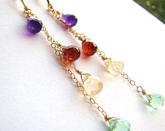 Amethyst Garnet Citrine Peridot cascade earrings, gemstone dangles, colorful, Gold fill jewelry