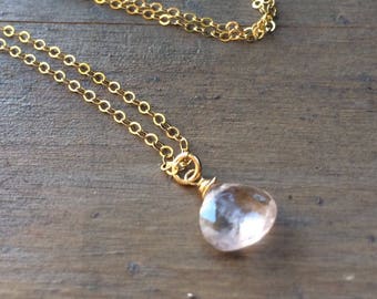 Natural Morganite pendant, gold chain necklace, pale pink gemstone, tiny charm, small jewelry.