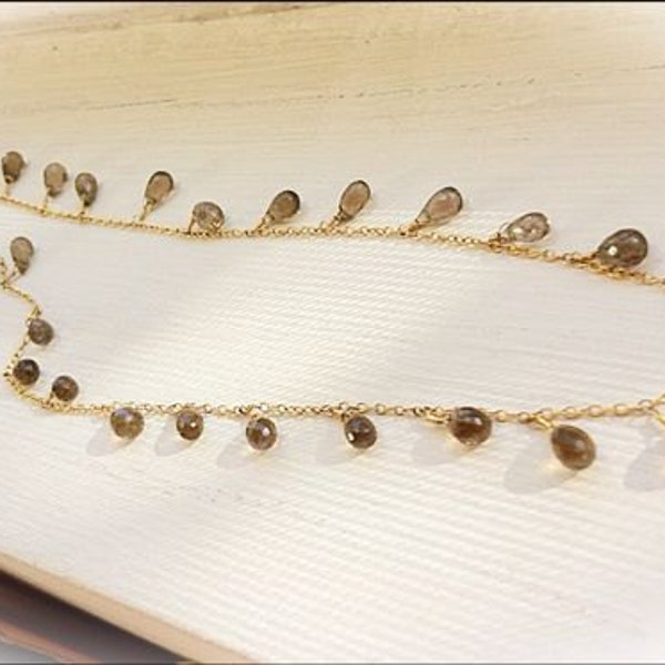 Brown Smoky Topaz 14k gold necklace, natural drops. delicate jewelry.